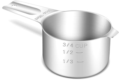 BERYLER 1PCS 3/4Cup (180ml, 6oz) Single Measuring Cup, Stainless Steel Measure Scoop, Metric and US Measurement, Heavy Duty, Dishwasher Safe