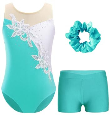 TTAO Ensemble de Gymnastique Enfant Fille Justaucorps sans Manches avec Shorts et Bandeau Tenue de Patinage Artistique Dancewear 5-16 Ans Bleu vert B 7-8 ans