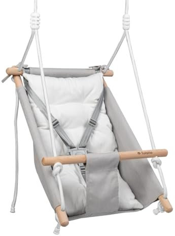 Tulano Hop 40 Babyschaukel 3in1, Federwiege und Babywippe aus Baumwolle und Holz, Hängewiege ab 6 Monaten, sicher gepolstert, bis 60 kg belastbar, Kinderschaukel für drinnen und draußen, Grau
