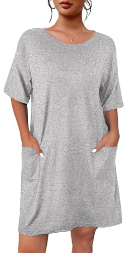 Ekouaer Sleep Shirts for Women Nightgown Short Sleeves T shirt Night Dress Round Neck Womans Nightgown with Pocket Light Grey XL