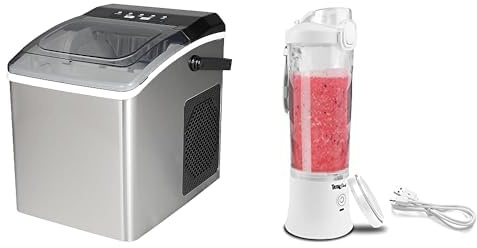 Koolatron Ice Maker Machine Countertop Ice Machine 26lbs in 24hrs Portable Ice Cube Maker Stainless Steel + Total Chef Portable Blender 600ml Personal USB Rechargeable Mini Blender with 6 Blades White