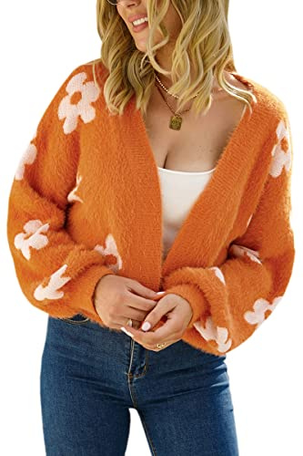 Theenkoln Veste en tricot femme avec fleurs : Veste d'hiver décontractée veste de transition printemps veste en polaire automne cardigan cœur veste matelassée marguerite veste en peluche manches