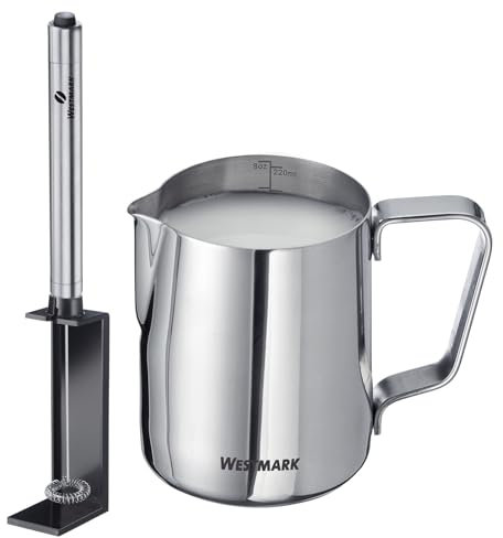 Westmark Set 2 Pezzi con Caraffa per Latte + Montalatte – Per montare la schiuma di latte e alternative vegetali per caffè, accessori barista – Acciaio inox, 247722E7