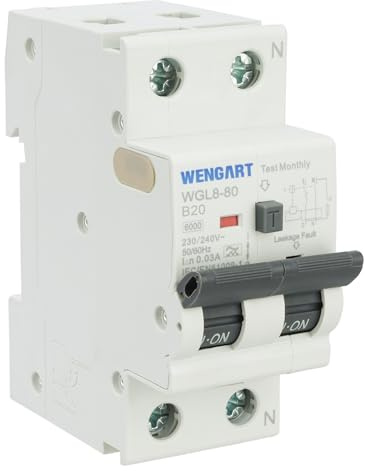 Wengat WGL8-80 Disjoncteur différentiel type A 6kA, CA230V 20A, 1P+N 30mA Arrêt à un bouton Protection complète pour appareils électriques