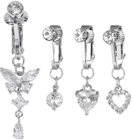 Paquete De 4 Clips Para Ombligo, Joyería Para Piercing De Ombligo Falso, Accesorios Para El Cuerpo, Colgante De Circón Redondo Pequeño Con Mariposa De Amor, Colgante Para Ombligo Sin Perforar