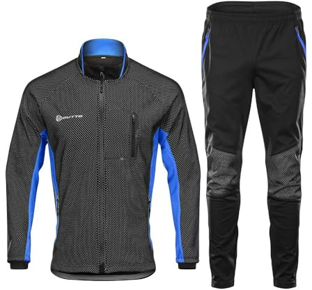 VeloZenith Herren Fahrradbekleidung Set Langarm Fleece UV- Schutz Radjacke + Fahrradhose M - 3XL (Schwarz-Blau, XXL)