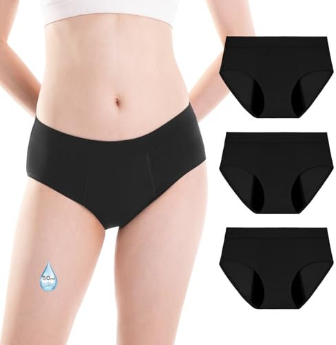 INNERSY Menstruationsunterwäsche Starke Blutung Mädchen Schwarz Baumwolle Periodenslip Teens 3 Pack (12-14 Jahre, 3 Schwarz)