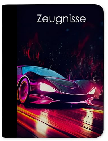 CreaDesign Zeugnismappe A4 – Auto Neon – für Jungen – Dokumentenmappe mit 10 Klarsichthüllen