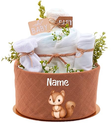 Trend Mama | Personalisierte Windeltorte mit Namen | Waldtiere Design wählbar| 27 Windeln,Musselintuch, Lätzchen, Kuschelsocken & Spucktuch|Geschenk Geburt (Toffee| Eichhörnchen)