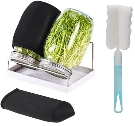Yuedefly Seed Sprouting Jar Kit,2 Large Wide Mouth Jars with Stainless Steel Sprouting Lids, 2 Blackout Sleeves, Drain Tray, Stainless Steel Stand for Growing Broccoli, Alfalfa, Mung Bean