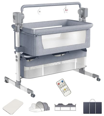 Dziranam Beistellbett Baby, Stubenwagen Baby mit Rollen, Atmungsaktives Netzgewebe, Sicheres und Stabiles Design, Babybett mit 5 Schaukelmodi(Mittelgrau)