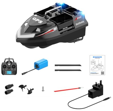 TBRICKFUNR Fishing Bait Boat, V802PRO High Efficiency RC Boats Speedboat with 4 Bait Hoppers, 3KG Large Capacity, GPS Positioning, 160 Baiting Points, 500M Remote, Dual Battery, LED Fishing Lights