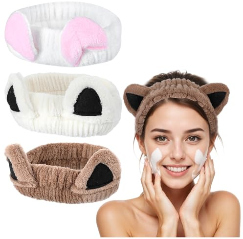 Classicseali Set med 3 stycken pannband för kvinnor, hårband, kosmetika, kattöron, pannband för dusch, hudvård, sport, sömn (kaffe + beige + vit)