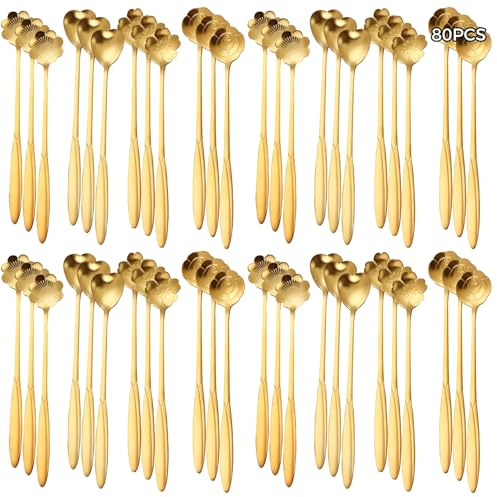 yeeplant 80 cucharillas de acero inoxidable, diseño de flor de cerezo chapado en oro, 10 paquetes, 4 estilos de cabeza de cuchara diferentes para té, postres y fiestas