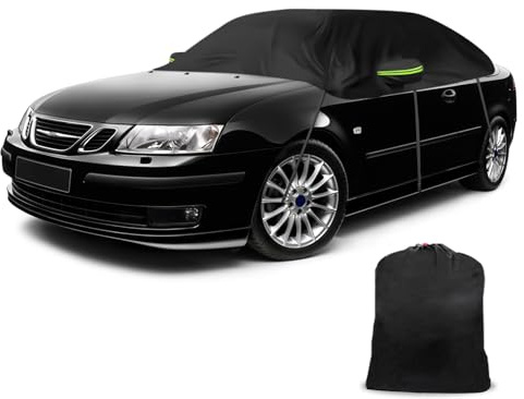 Half Car Cover Compatible with Saab 9-3 Convertible 1998-2014, Waterproof Half Cover Thicken Tarpaulin with Windproof Strap Reflective Tape for Snow, Rain, All-weather Protection