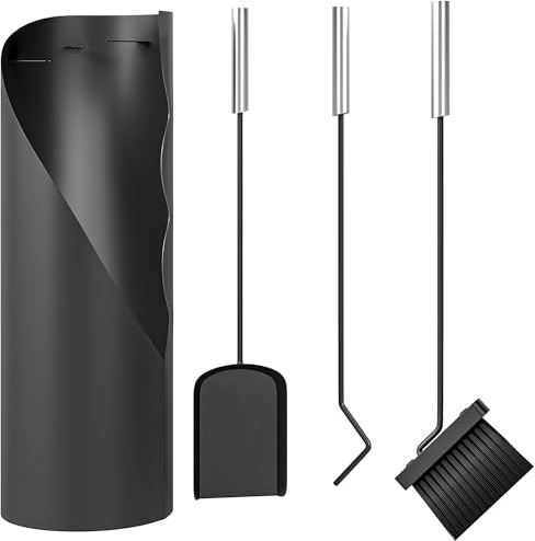 Outsunny 4 Pieces Fireplace Tools Set, Metal Fireplace Accessories Fireside Companion Set with Broom, Shovel, Poker and Bucket, Black