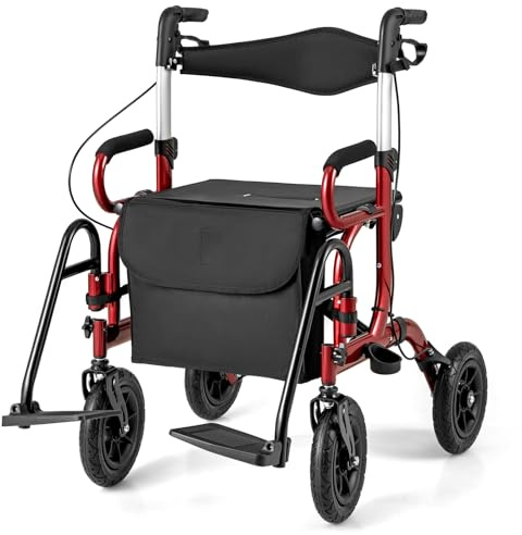 COSTWAY 2 in 1 Deambulatore e Sedie a Rotelle in Alluminio, Rollator Pieghevole e Regolabile in Altezza con Seduta e Freni, Girello per Anziani con Ruote Robuste (Rosso)