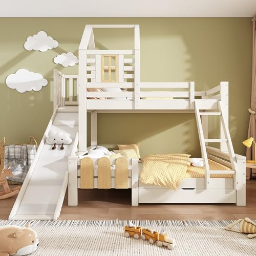 Merax Lit superposé Maison en Bois 90x200 & 140x200 cm avec Toboggan, tiroir de Rangement et échelle, lit Enfant Mezzanine Style Chalet,sans Matelas