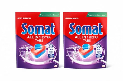 SOMAT All in 1 Extra Spülmaschinen Tabs (2x 58), Geschirrspül Tabs für strahlend sauberes Geschirr auch im Niedrigtemperatur-, Kurz- & Eco-Programm, entfernt Eingekrustetes