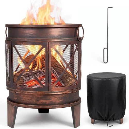 SMOOL Braciere rotondo, multifunzionale, da giardino, in acciaio, per esterni | Set con attizzatoio e parapioggia, adatto per campeggio all'aperto e barbecue con falò, 44,5 x 58,8 cm, bronzo