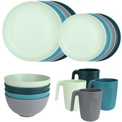 Plastic Plates and Bowls Sets - 16 Pcs Unbreakable Camping Picnic Dinner Plates and Bowls Set, Lightweight Plastic Dinnerware Set for 4, Dishwasher and Microwave Safe