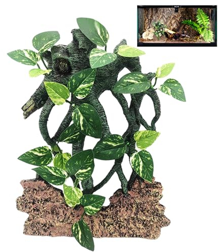 Snake Tank Decor Suction Tree Branch with Leaves | Snake Enclosure Decor, Chameleon Cage Decoration for Amphibian Gargoyle Geckos Bearded Dragon Crab