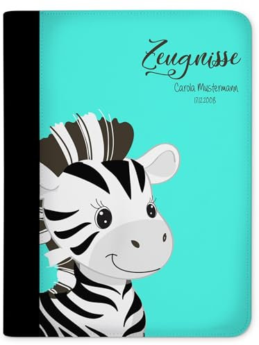 CreaDesign Customize A4 Zeugnismappe für Kinder - 26.7 x 32.7 x 1 cm, erweiterbar auf bis zu 20 Fächer, Sichtbuch ohne Klarsichthüllen, Zebra Türkis Design, Dokumentenmappe für Schüler