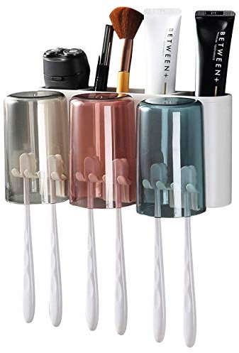 DOVAVA Zahnbürstenhalter Wand, 3 pcs Zahnputzbecher Kunststoff Set, Zahnburstenhalterung Ohne Bohren Kann für Kinder und Familien (Weiß)