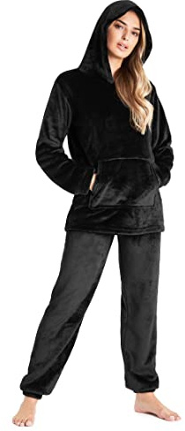 CityComfort Schlafanzug Für Damen, 2-Set Pyjama Mit Lange Oberteile Und Hosen, Polar Fleece Hausanzug, Kuschelige Und Warmes Flanell Nachtwasche, PjS Für Frauen, Geschenke Für Damen (XL, Schwarz)