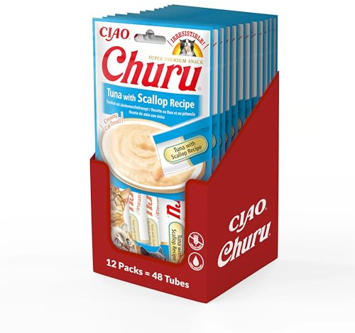 INABA Churu Puree Katzenleckerlis Creamy Snacks, Hochwertige Proteine mit Thunfisch & Jakobsmuschel 56 g (12er Pack), Katzensnacks in Premium Qualität