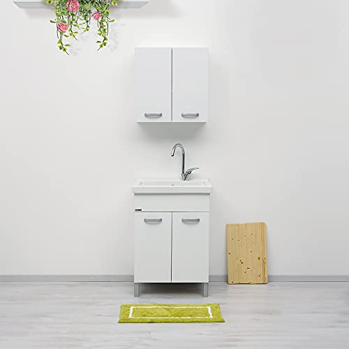 Jo-Bagno.it Mobile LAVATOIO Ceramica 60 x 50 x H 86 DOMINA Design Bianco Incluso di PILETTA in Acciaio E SIFONE Pilozza Profonda 33 cm