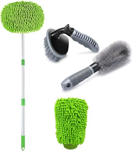 WY8 Car Wash Cleaning Kit, Car Wash Brush Mop with Chenille Microfiber Washing Mitt Car Microfiber Glove and Car Wheel Cleaning Brush Set, Wheel Washing Tool Rim Cleaner