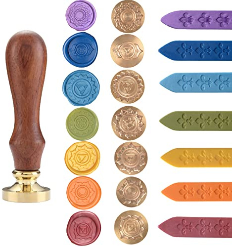 7 Chakren abnehmbarer Messingkopf + 1 Holzgriff, Chakren repräsentieren Frequenzen im Ozean der universellen Energie (7 Chakra-Siegelwachs-Stempel mit 7 Wachs)