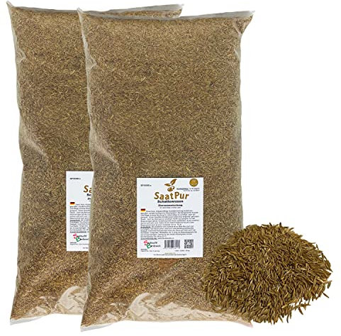 SaatPur® Rasensamen Schattenrasen 5kg für ca. 150 m², Mehrjährige Rasemischung aus mehreren Rasenarten, meistens 4 bis 5, satt grün, schnellkeimend, hitzetolerant, Neusaat und Nachsaat