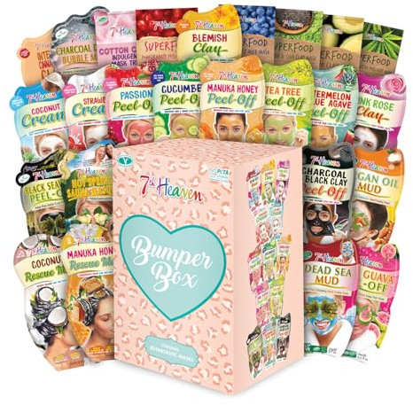 7th Heaven Bumper Box Face Mask Gift Set - Pack of 20 Face Masks - Deeply Moisturising and Skin Rejuvernating & Blemish Repair - Charcoal, Pink Rose Clay & Dead Sea Mud - Suitable For All Skin Types