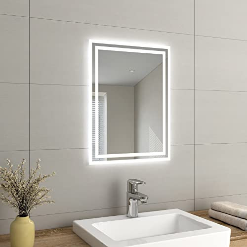 EMKE LED Small Bathroom Mirror 450x600mm, Wall Mounted Bathroom/Bedroom Vanity Mirror with LED Lights | Demister Pad, Easy Control Smart Mirror