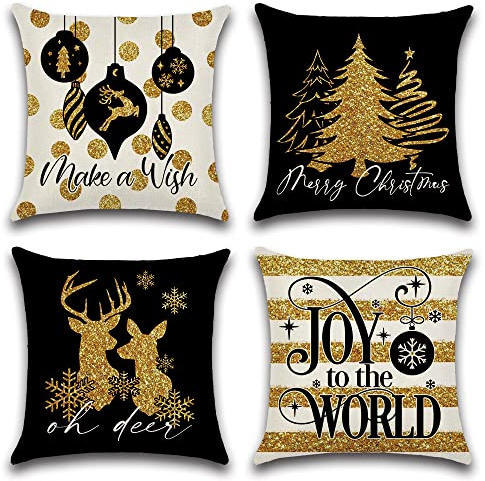 Artscope 4er Set Weihnachten Kissenbezug 50x50cm Weihnachten Kissen Set, Wohnkultur Leinen Dekokissen Schwarz Gold Muster Kissenhülle Sofakissen für Sofa