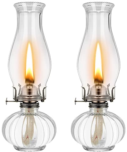 2 Set Chamber Oil Lamp for Indoor Use Classic Kerosene Hurricane Oil Lamp Glass Vintage Large Lantern with Adjustable Fire Wick for Home, 13 inch High(Clear)