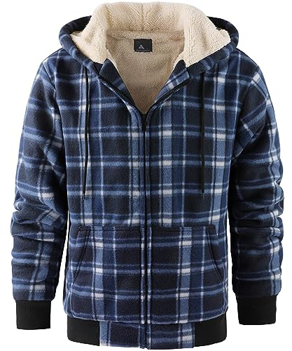 geeksport Veste Polaire Homme à Capuche Sweats Flanelle à Carreaux Zippé Veste Chemise Chaude Doublé Sweat-Shirt avec Poches pour d'automne d'hiver