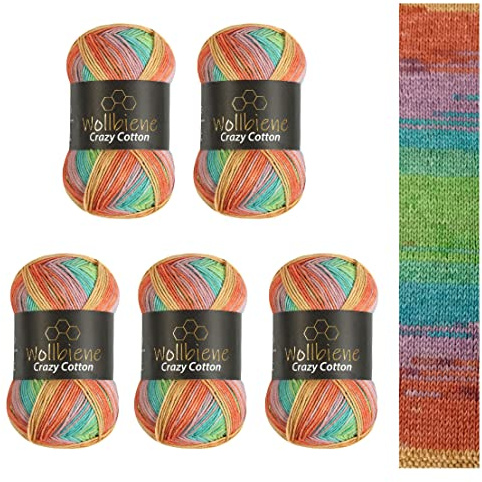 5 x 100g Wollbiene Crazy Cotton Batik 500 Gramm mit Farbverlauf 55% Baumwolle mehrfarbig Multicolor Strickwolle Häkelwolle Wolle Ganzjahreswolle (6010 orange grün mint)