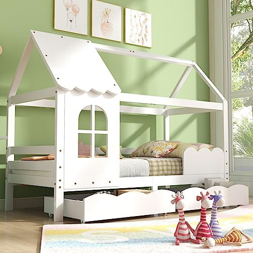 Hausbett 200x90 Kinderbett Jugendbett mit Rausfallschutz, vielseitiges Holz Kinderbett für Jungen & Mädchen, Wei Schubladen, Massivholz Kinder Bett mit Rausfallschutz Fenster und Lattenrost, Weiß
