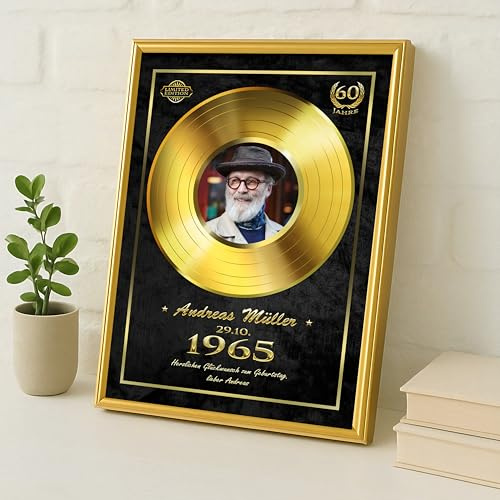 DUOMIO Goldene Schallplatte personalisiert inklusive edlem Rahmen | 3 Größen, Design, Hintergrundfarbe frei-wählbar| Premium-Druck