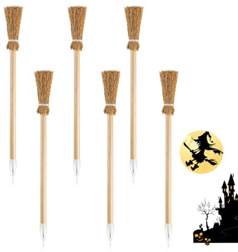 INGJIA Zauberbesen Bleistift, 6Pcs Halloween-Desktop-Dekoration, Handgefertigte Bleistifte, Bleistifte Natur aus Holz, mit Hexenbesen für Fantasy und Events Partys Geschenke Details Dekoration