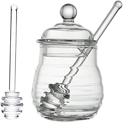 BESTonZON 1set Glass Honey Container with Lid and Dipper Airtight Honey Pot for Home Kitchen Includes Mixing Sticks for Storing and Syrups