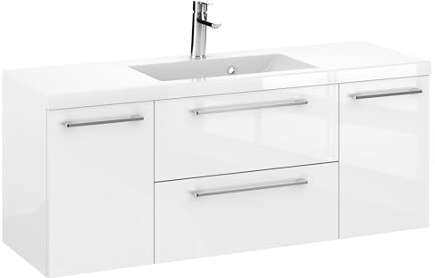 Furni Rosen 120 cm Hängend Waschbecken mit Unterschrank und Glänzenden Chromgriffen Waschbeckenunterschrank Badezimmer Waschtisch mit Unterschrank Waschtischunterschrank