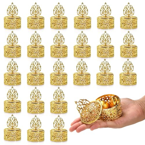 Mezchi 24 Pack Gold Vintage Favor Boxes, Mini Plastic Candy Container with Lid, Small Treat Gift Boxes Candy Storage Container for Wedding Party, Tea Party, 2''Wx 3''H, Round