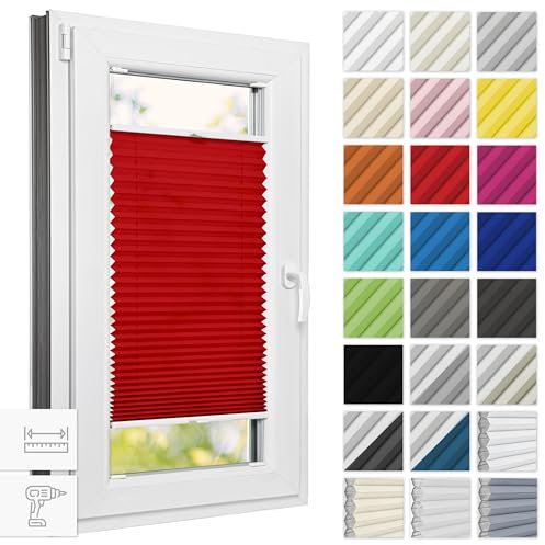 Estika Plissee mit Bohren 75 cm x 80 cm - Rot - Rollos für Fenster, Jalousien Fenster für innen, Raffrollo, Fenster plissee