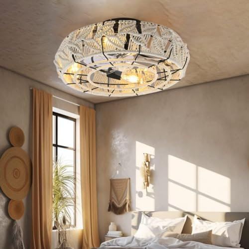 Leise Fan Deckenleuchte Bambus Lampenschirm Deckenventilator Mit Beleuchtung Und Fernbedienung 6-Gang Reversibler Deckenlampe Rattan Lightswing Hängelampe Rattan Schlafzimmer Lampe Wohnzimmer Küche (