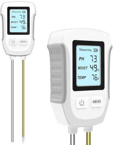 RUIZHI Digitaler 3-in-1 Bodentester mit LCD Display: PH-Wert Messgerät, Feuchtigkeitsmesser, Temperatur für Garten, Gewächshaus, Balkonblumen, Rasen