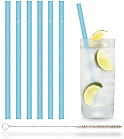 HALM Blu NEON Cannucce in vetro 6 pezzi 20 cm 6 Neon,+ spazzola di pulizia senza plastica - Lavabili in lavastoviglie - Sostenibili - Cannucce di vetro per long drink, frullati, succo